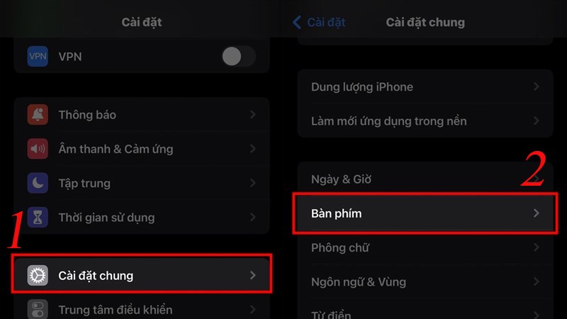 Chọn C&agrave;i đặt chung. Sau đ&oacute;, chọn B&agrave;n ph&iacute;m