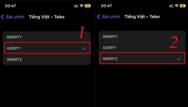 Tick chọn lần lượt v&agrave;o AZERTY v&agrave; QWERTZ