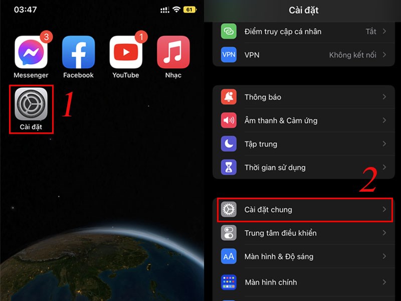 Chọn C&agrave;i đặt > C&agrave;i đặt chung