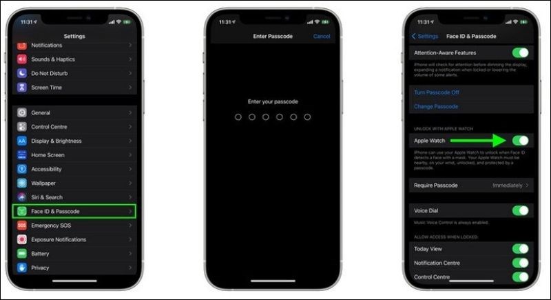 Vào cài đặt đ&ecirc;̉ kích hoạt tính năng mở khóa với Apple Watch