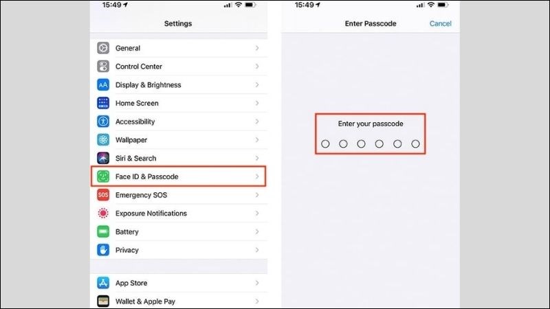 Nh&acirc;̣p m&acirc;̣t mã sau khi vào mục Face ID & M&acirc;̣t mã trong cài đặt
