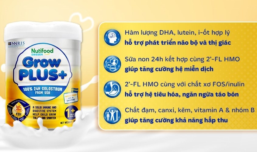 Sữa bột Nutifood GrowPLUS+ vàng 1+ (sữa non) hương vani 800g (từ 1 tuổi)