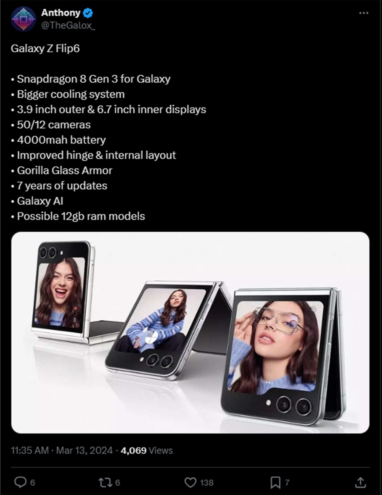 Bài đăng của leaker The Galox trên X/Twitter tiết lộ nhiều chi tiết về Galaxy Z Flip 6