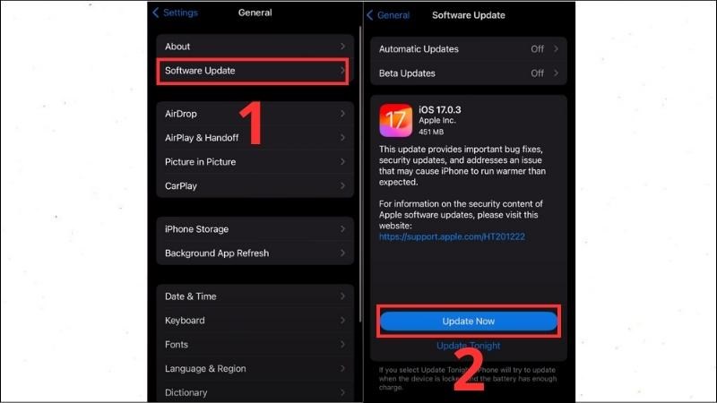 Chọn Software Update v&agrave; nhấn Update Now