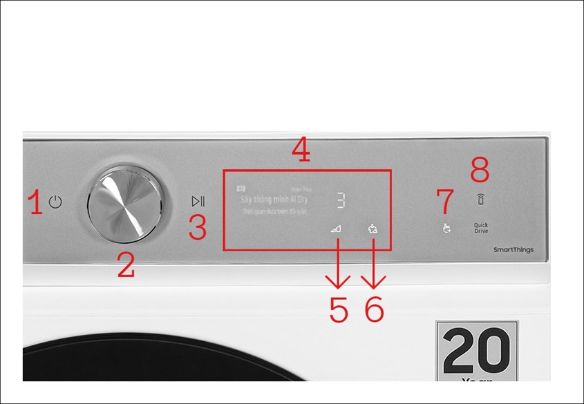 Bảng điều khiển của máy sấy bơm nhiệt Samsung Bespoke AI 9 kg DV90BB9440GH/SV