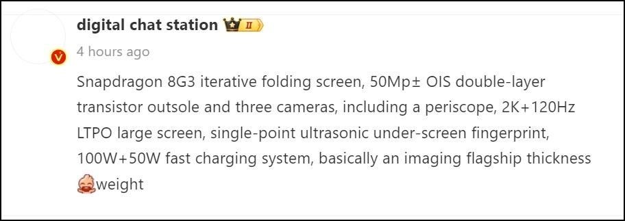 Bài đăng của Digital Chat Station về rò rỉ của Vivo X Fold 3 Pro