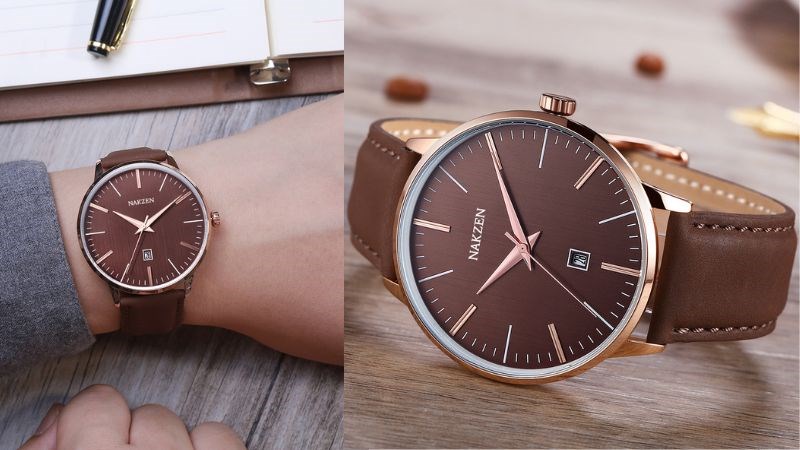 Đồng hồ nam thanh lịch với tổng thể thiết kế m&agrave;u n&acirc;u
