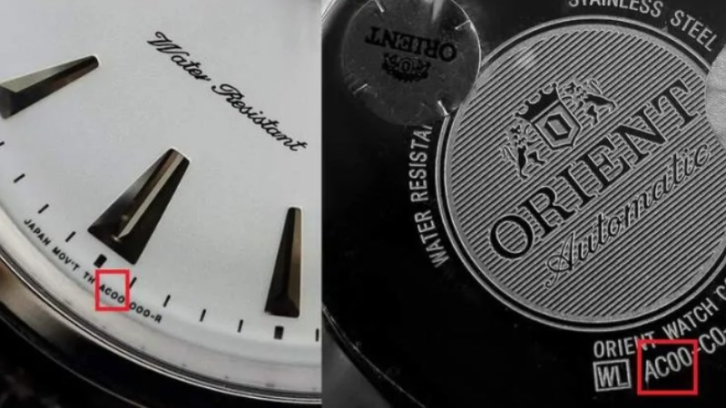 Đồng hồ Orient được in m&atilde; hiệu tại vị tr&iacute; 6h tr&ecirc;n mặt số v&agrave; mặt sau