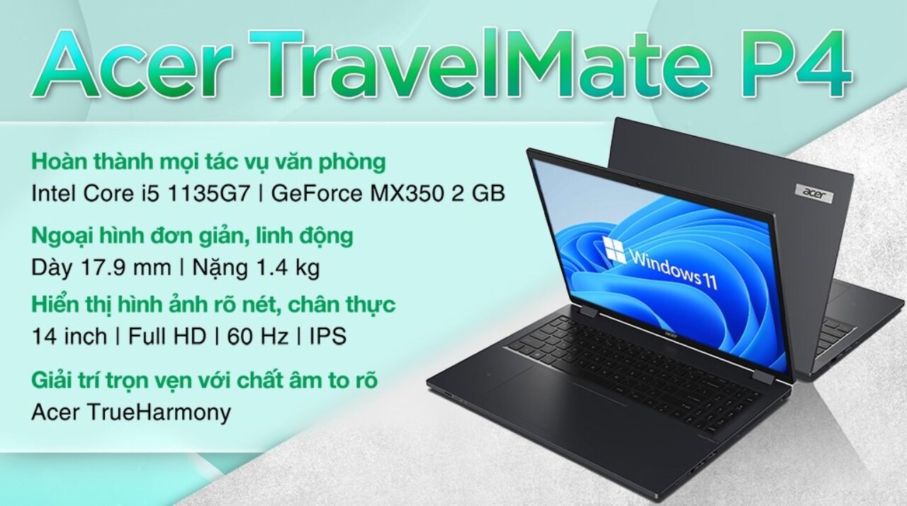 Laptop Acer TravelMate P4 TMP414 51G 59R6 i5 1135G7/16GB/512GB/2GB MX350/Win11 (NX.VP9SV.001) 