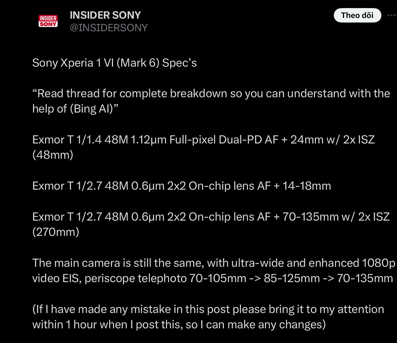 Thông tin được đăng tải bởi leaker InsiderSony trên X