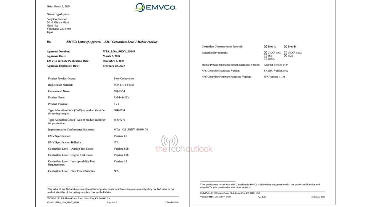Chứng nhận của EMVCo về thiết bị XQ-ES54 được cho là Xperia 1 VI. Nguồn: TheTechOutLook