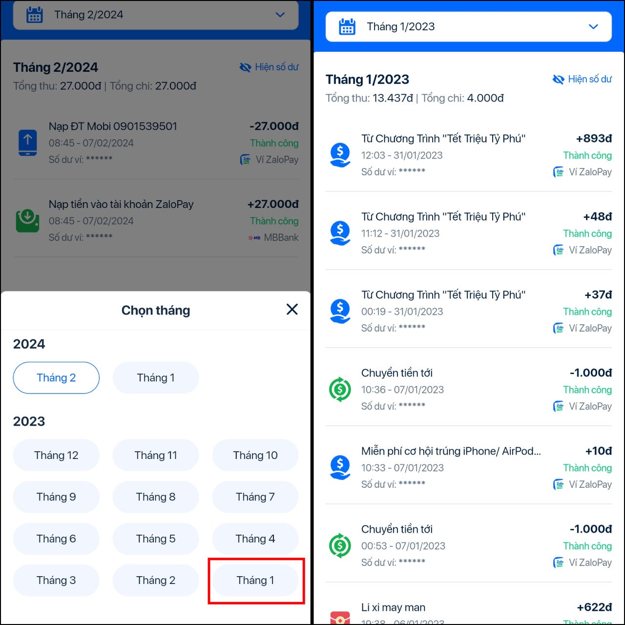 Cách xem lịch sử giao dịch trên ví ZaloPay