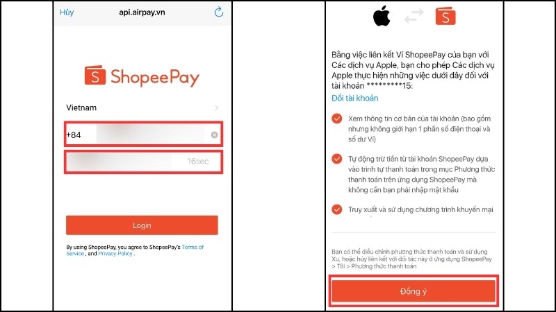 Nhấn chọn Đồng Ý liên kết ShopeePay và ApplePay