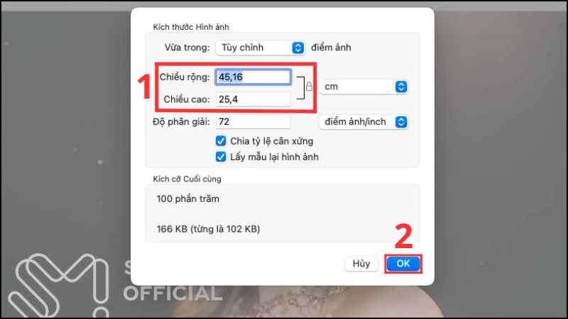 Chọn Resize  Nhập số để chỉnh kích thước  Nhấn OK  Mở Finder để xem ảnh đã được resize