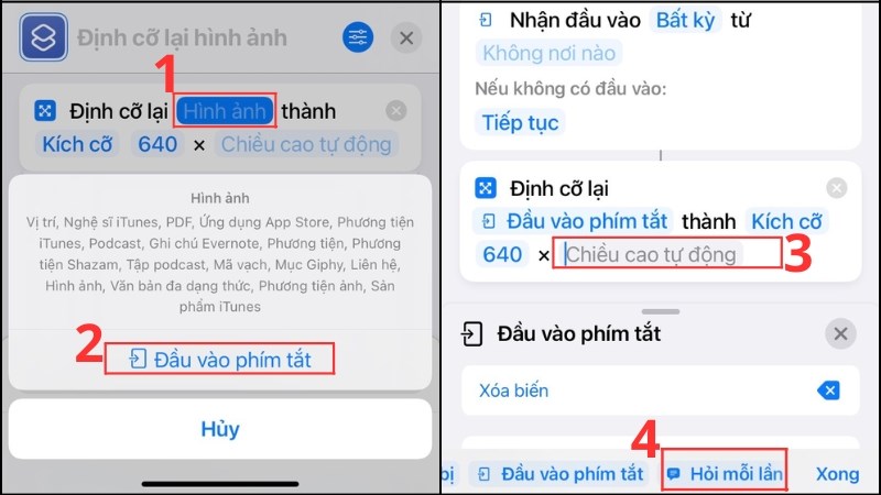 Hình ảnh > Đầu vào phím tắt > Chiều cao tự động > Hỏi mỗi lần