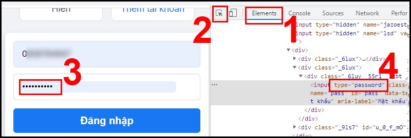 Chọn vào ô mật khẩu  Chú ý mục type=password