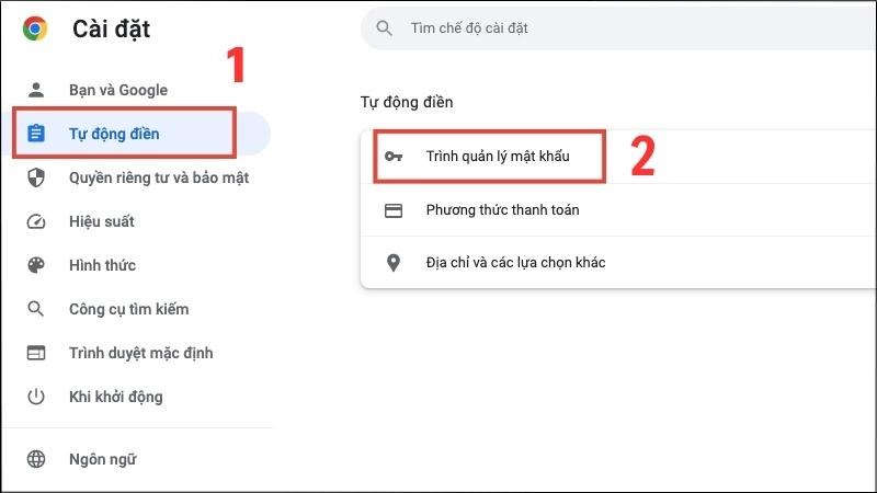 Chọn Xem thêm  Cài đặt  Tự động điền  Trình quản lý mật khẩu