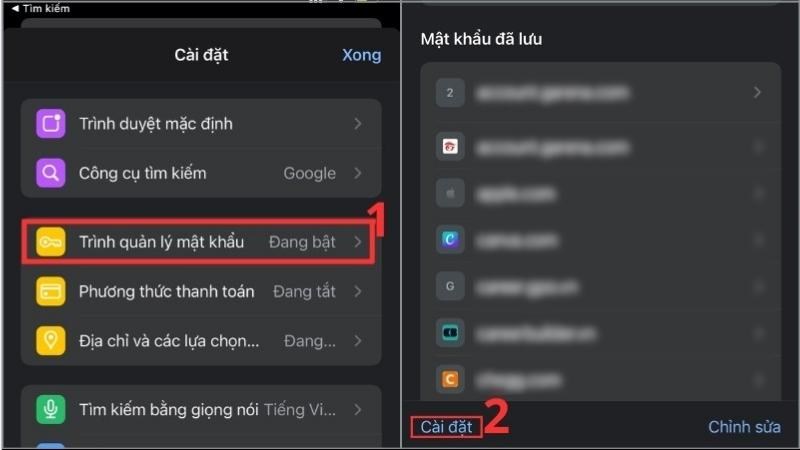 Nhấn chọn biểu tượng Trình quản lý mật khẩu  Nhấn vào Cài đặt 