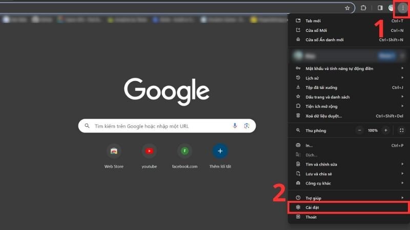 Chọn Cài đặt trong trình duyệt Chrome