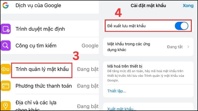 Chọn Trình quản lý mật khẩu rồi bật tính năng Đề xuất lưu mật khẩu