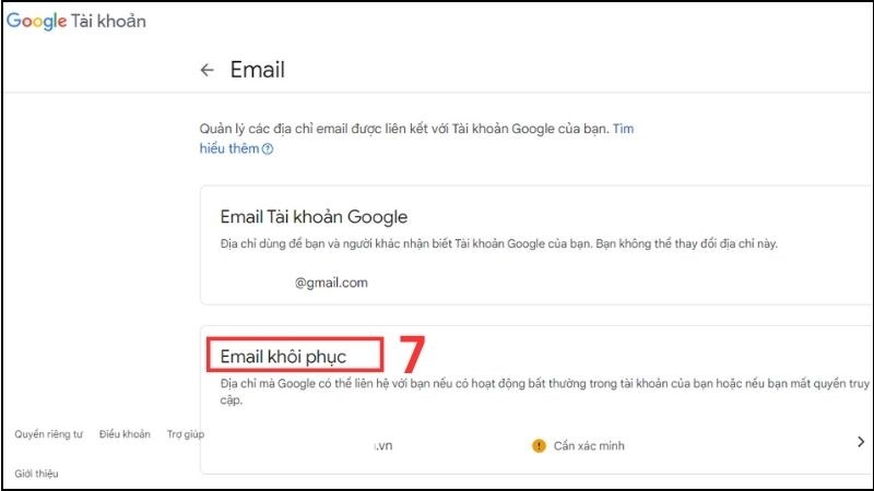 Chọn Email khôi phục