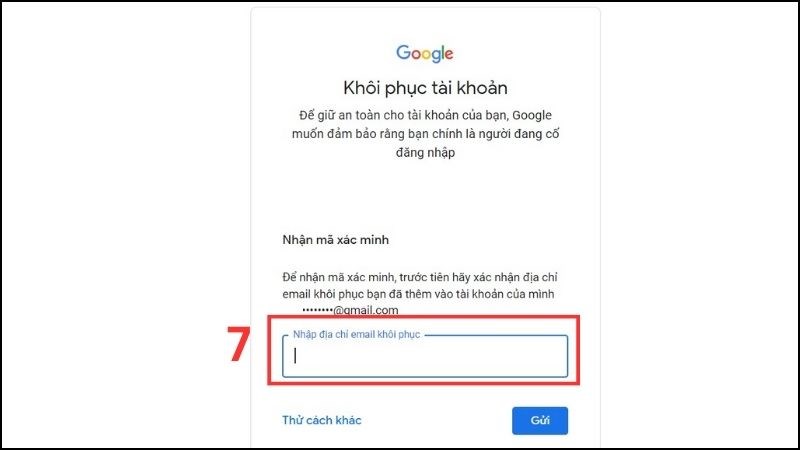 Nhập địa chỉ Gmail khôi phục