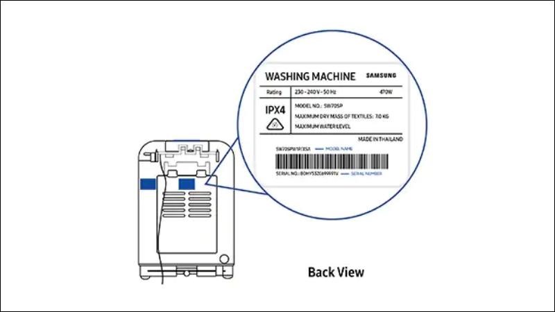 Các thông tin về máy giặt cửa trên được hiển thị phía sau thân máy