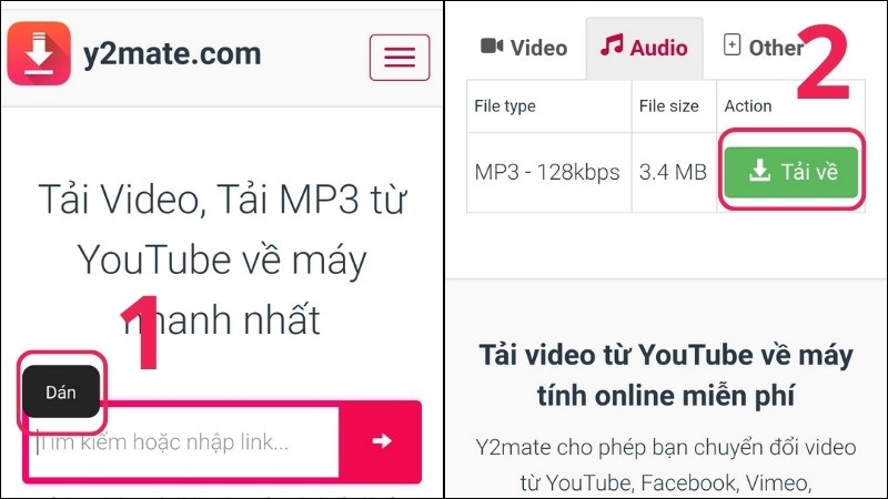 Dán liên kết vào thành tìm kiếm  Chọn Audio  Nhấn Tải về