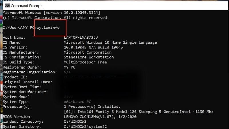 Nhập systeminfo  Nhấn chọn Enter