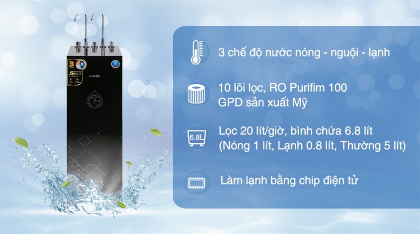 Máy lọc nước RO nóng nguội lạnh Karofi KAD-X39 10 lõi có khả năng lọc 20 lít/giờ