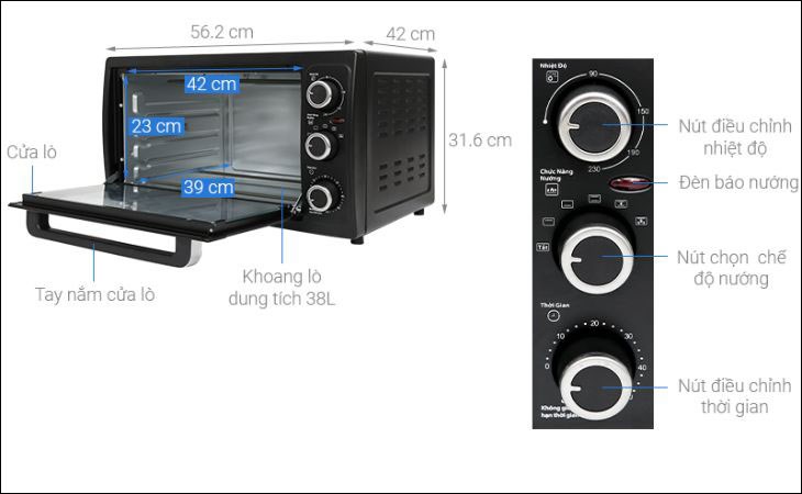 Kích thước lò nướng BlueStone EOB-7548 38 lít 