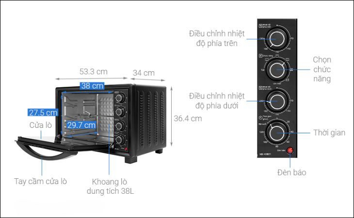 Kích thước lò nướng Panasonic NB-H3801KRA 38 lít 