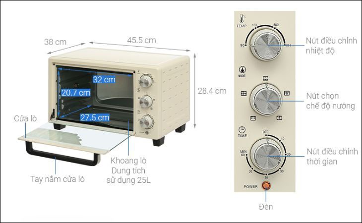 Kích thước lò nướng AVA TO2501 25 lít 