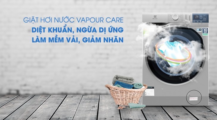 Máy giặt Electrolux Inverter 9 kg EWF9024ADSA sở hữu công nghệ giặt hơi nước Vapour Care làm mềm sợi vải, chống lại nguy cơ gây dị ứng