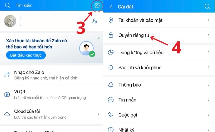 Chọn lần lượt mục Cài đặt và mục Quyền riêng tư
