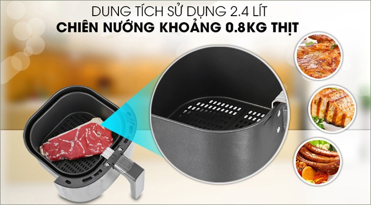 Nồi chiên không dầu Philips HD9200/90 2.4 lít có dung tích sử dụng 2.4 lít cho phép người dùng chiên nướng khoảng 0.8 kg thức ăn