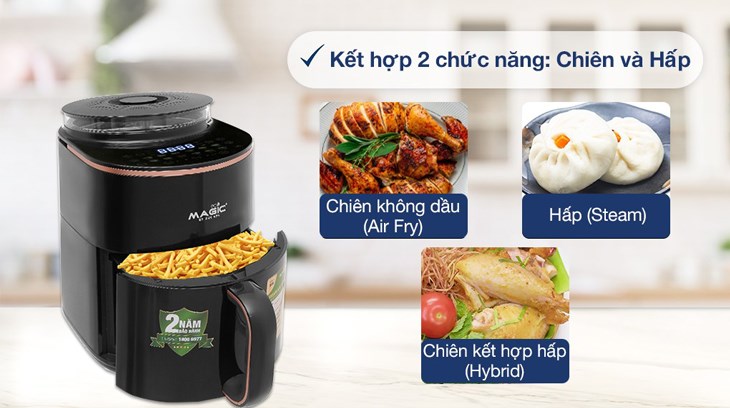 Nồi chiên không dầu kết hợp hấp Magic Eco S05 5 lít có thể sử dụng đa chức năng, vừa chiên nướng vừa hấp cực kỳ tiện lợi