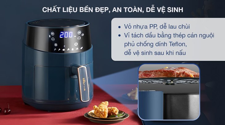 Nồi chiên không dầu Bear QZG-A15T2 4.5 lít được chế tác từ chất liệu nhựa PP và thép cán nguội phủ chống dính Teflon an toàn, dễ vệ sinh