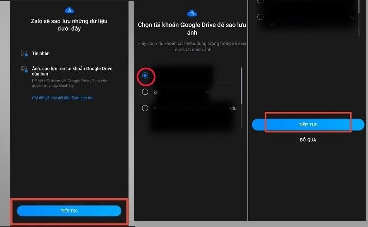 Các bước chọn tài khoản Google Drive để bắt đầu sao lưu dữ liệu