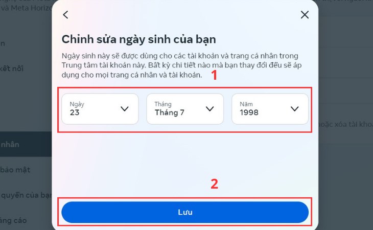 Bạn chọn từng phần ngày - tháng - năm để chỉnh sửa ngày sinh phù hợp