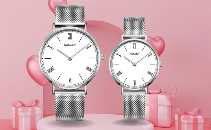 Đồng hồ đôi Nakzen SS9006G-7/SS9006L-7 với dây đeo làm từ thép không gỉ chắc chắn, sang trọng