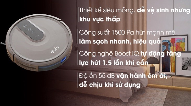 Robot hút bụi Eufy Robovac 15T - T2115 có dung lượng pin 2600 mAh, ở chế độ hút tiêu chuẩn (hút trên sàn gỗ cứng) có thể sử dụng đến 100 phút