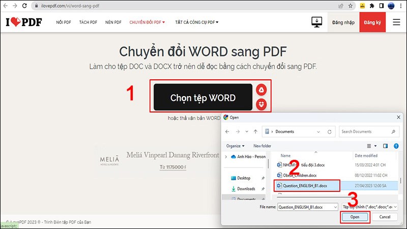 Chọn tệp Word, chọn file chuyển đổi và chọn Open