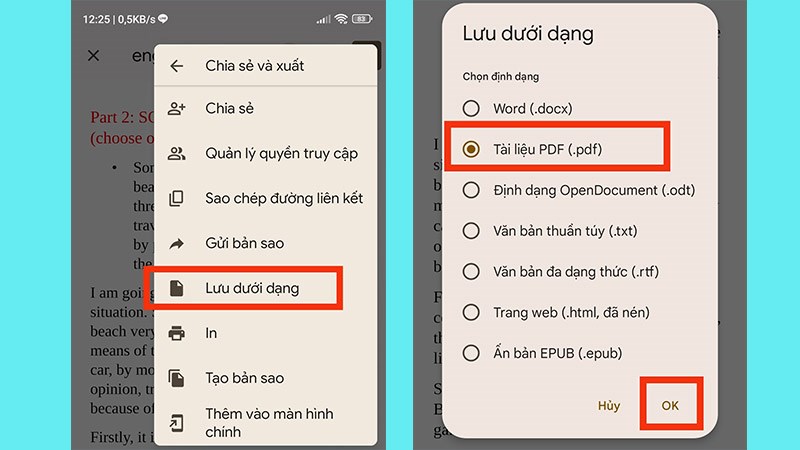 Nhấn vào mục Lưu dưới dạng, chọn Tài liệu PDF và nhấn OK