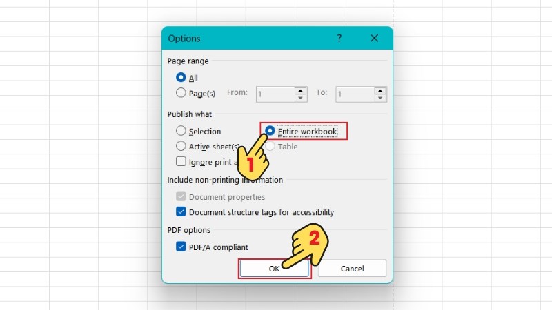 Chọn Entire workbook > Bấm OK