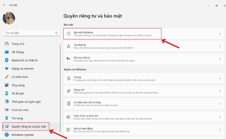 Chọn Bảo mật Windows trong mục Quyền riêng tư và bảo mật 
