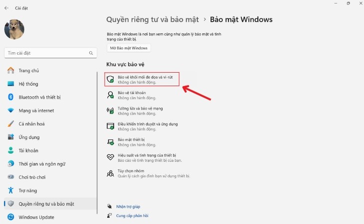 Chọn mục Bảo vệ khỏi mối đe dọa và vi-rút trong mục Bảo mật Windows