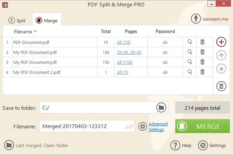 Nhấn chọn MERGE để thực hiện việc ghép nối các tệp PDF riêng lẻ
