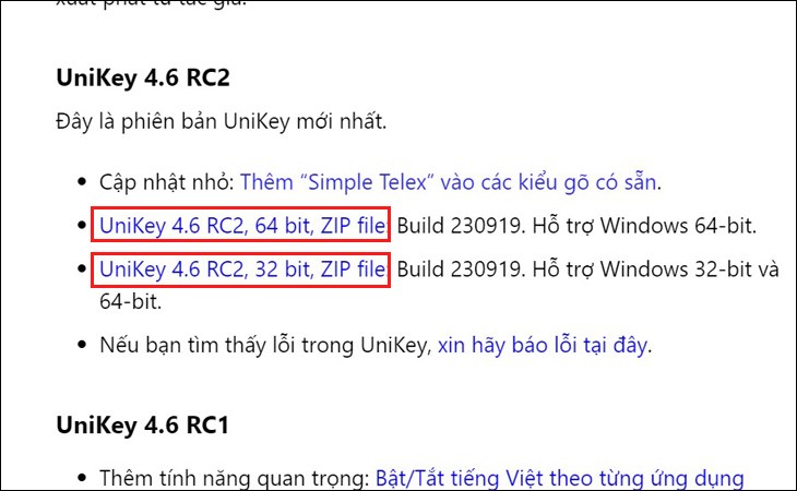 Bạn hãy nhấn chọn link phiên bản Unikey phù hợp tại giao diện mới nhất của Unikey