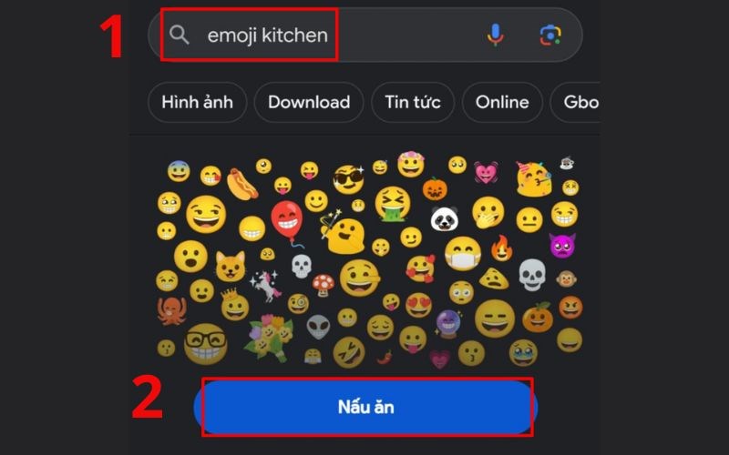 T&igrave;m kiếm Emoji Kitchen tr&ecirc;n Google > Nhấn chọn Nấu ăn
